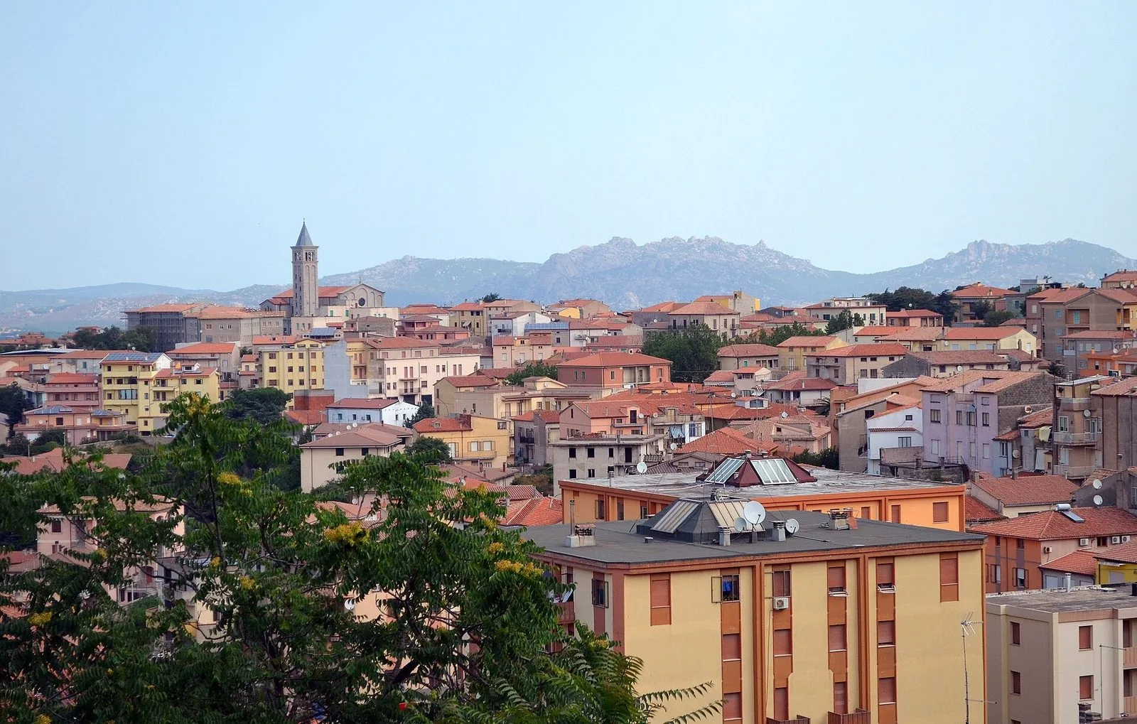 Veduta dei tetti di Tempio Pausania con un campanile e le montagne della Gallura sullo sfondo