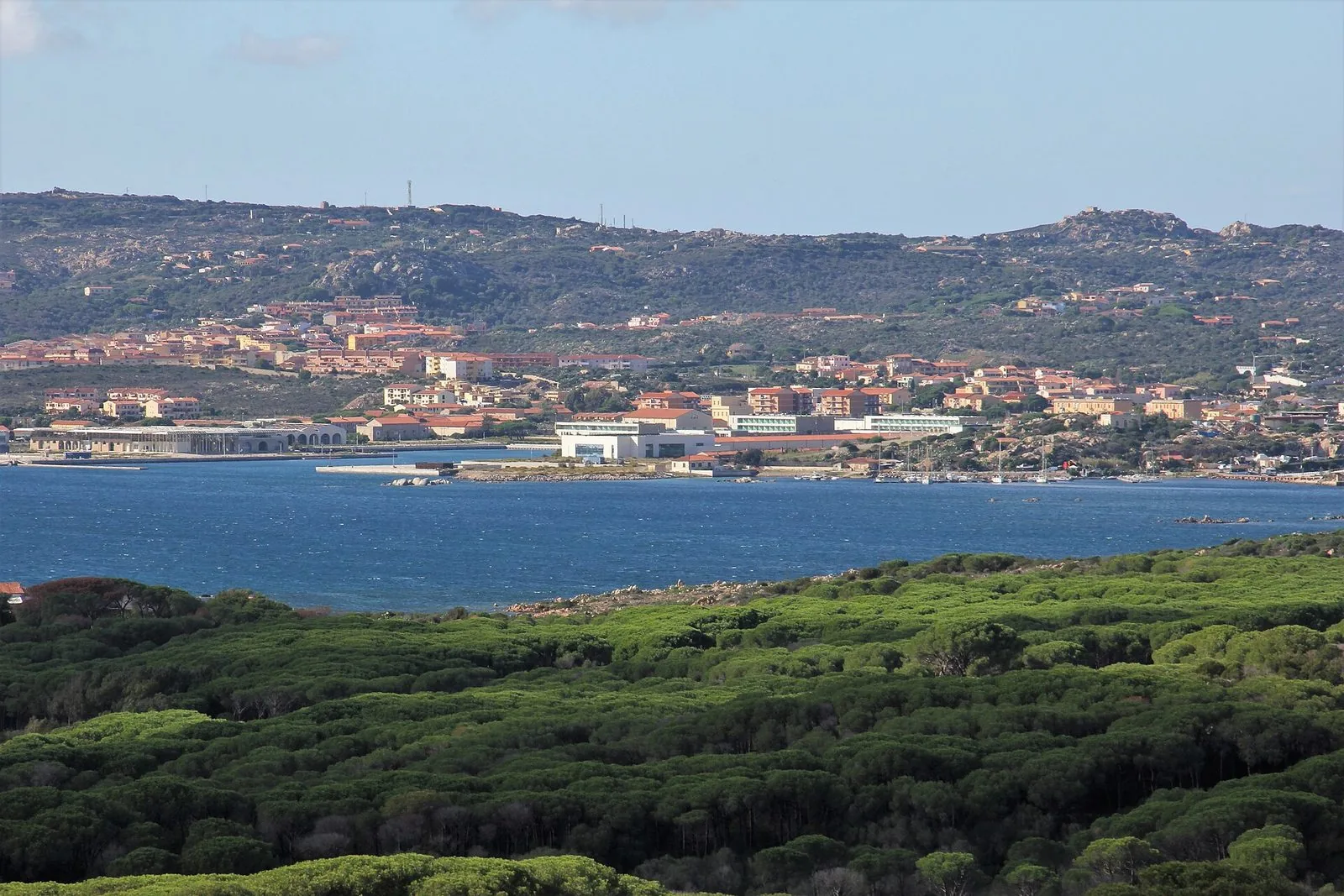 Panorama della città di La Maddalena affacciata sul mare, con il porto e le colline dell'isola alle spalle